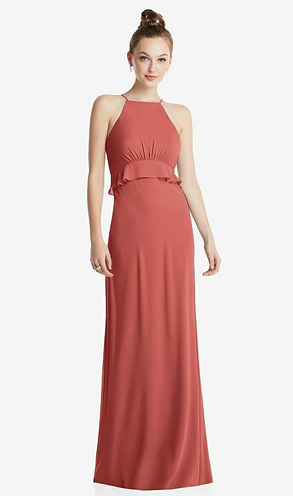 Front View - Coral Pink Bias Ruffle Empire Waist Halter Maxi Dress with Adjustable Straps