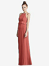 Side View Thumbnail - Coral Pink Bias Ruffle Empire Waist Halter Maxi Dress with Adjustable Straps