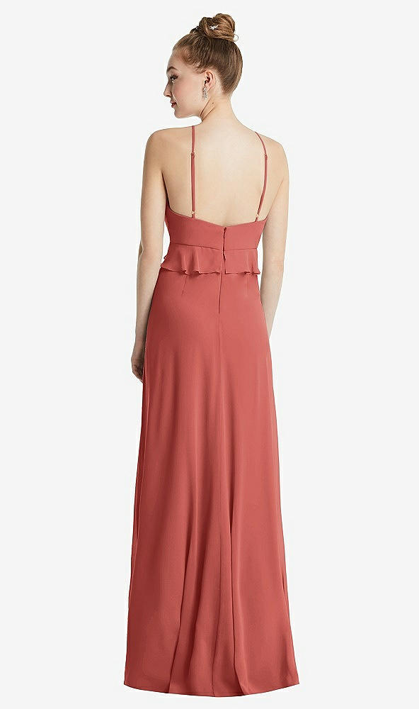 Back View - Coral Pink Bias Ruffle Empire Waist Halter Maxi Dress with Adjustable Straps
