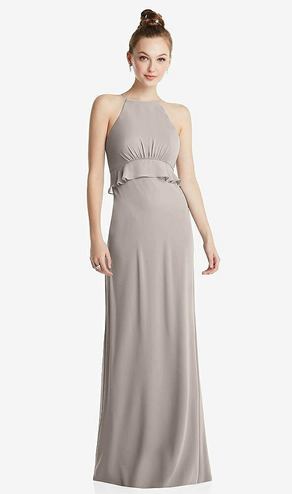 Front View - Taupe Bias Ruffle Empire Waist Halter Maxi Dress with Adjustable Straps