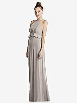 Side View Thumbnail - Taupe Bias Ruffle Empire Waist Halter Maxi Dress with Adjustable Straps