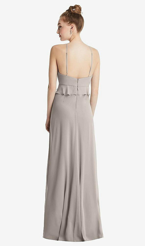 Back View - Taupe Bias Ruffle Empire Waist Halter Maxi Dress with Adjustable Straps