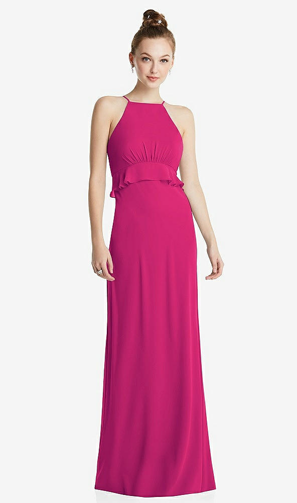 Front View - Think Pink Bias Ruffle Empire Waist Halter Maxi Dress with Adjustable Straps