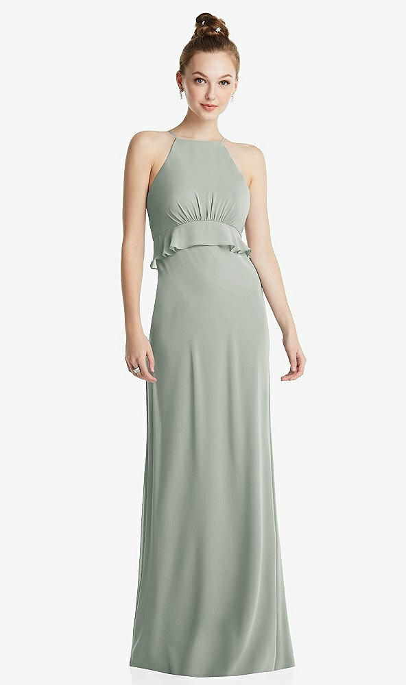Front View - Willow Green Bias Ruffle Empire Waist Halter Maxi Dress with Adjustable Straps