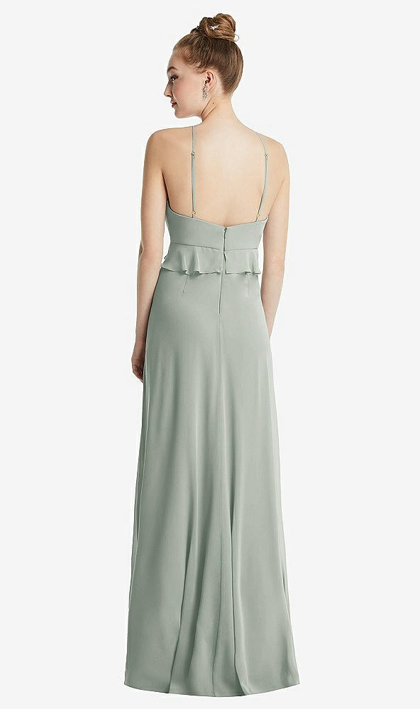 Back View - Willow Green Bias Ruffle Empire Waist Halter Maxi Dress with Adjustable Straps