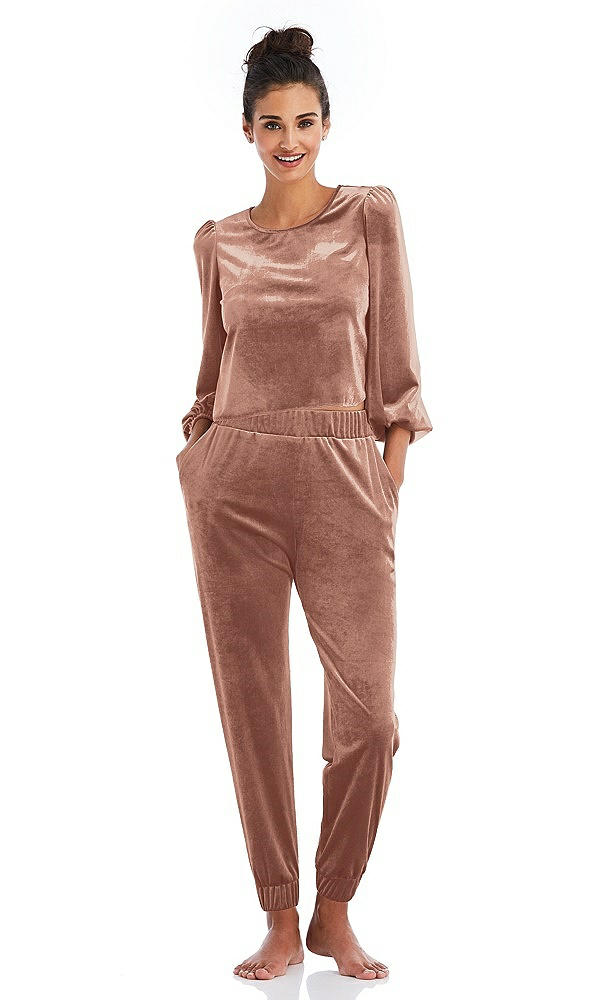 Front View - Tawny Rose Velvet Joggers with Pockets - May