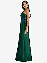 Alt View 2 Thumbnail - Hunter Green & Midnight Navy Draped One-Shoulder Satin Maxi Dress with Pockets