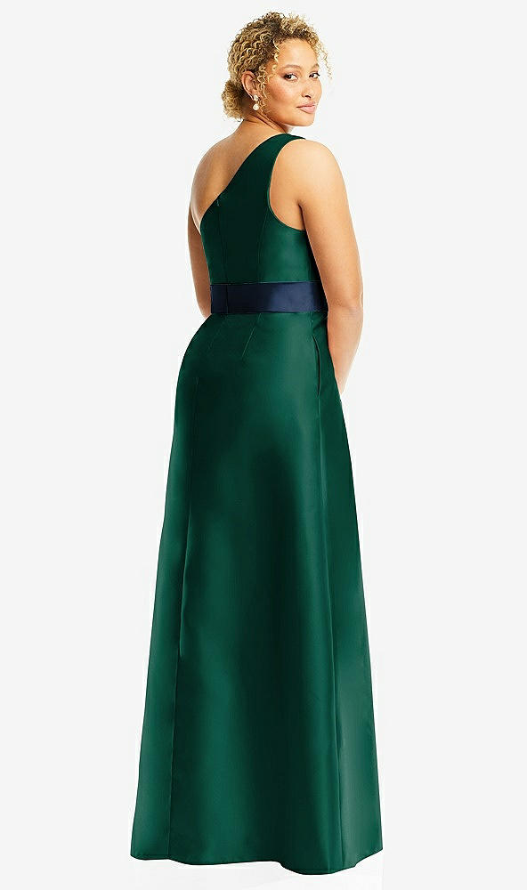 Back View - Hunter Green & Midnight Navy Draped One-Shoulder Satin Maxi Dress with Pockets