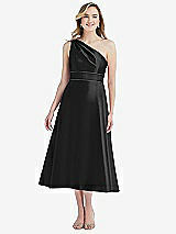 Front View Thumbnail - Black & Black Draped One-Shoulder Satin Midi Dress with Pockets