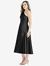 Side View Thumbnail - Black & Black Draped One-Shoulder Satin Midi Dress with Pockets
