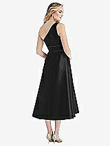 Rear View Thumbnail - Black & Black Draped One-Shoulder Satin Midi Dress with Pockets