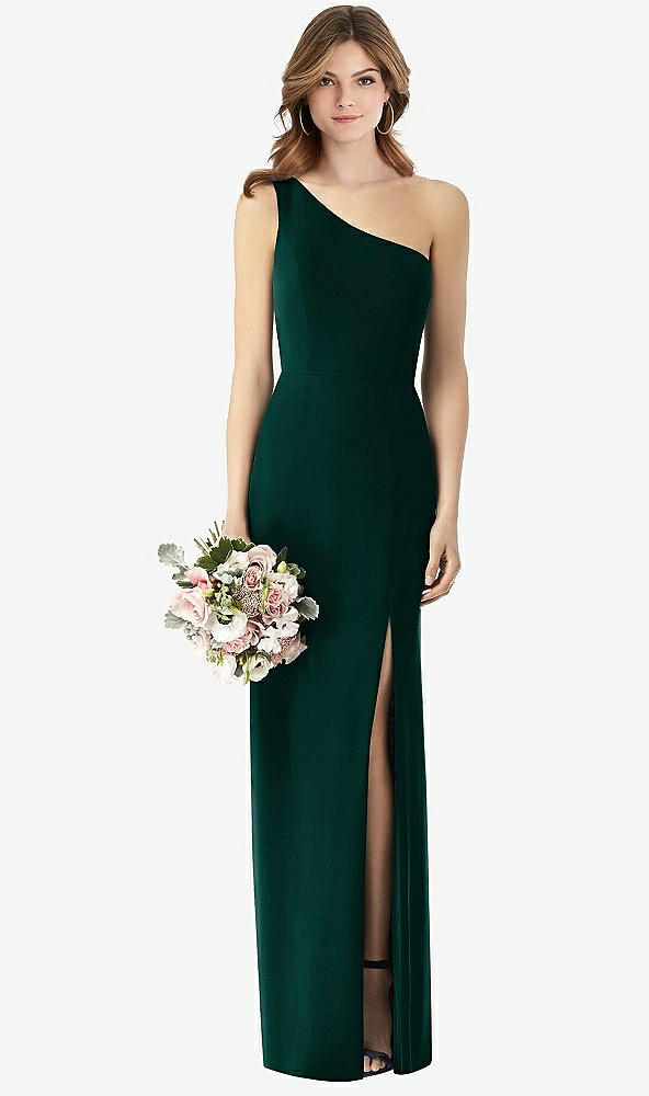 Front View - Evergreen One-Shoulder Crepe Trumpet Gown with Front Slit
