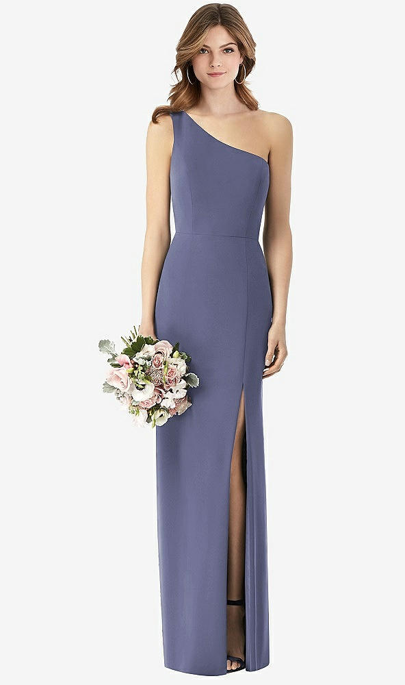 Front View - French Blue One-Shoulder Crepe Trumpet Gown with Front Slit