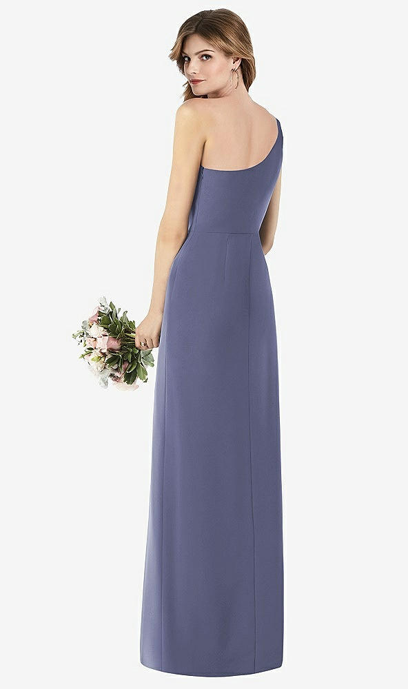 Back View - French Blue One-Shoulder Crepe Trumpet Gown with Front Slit