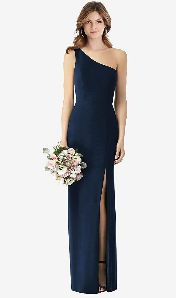 Front View - Midnight Navy One-Shoulder Crepe Trumpet Gown with Front Slit