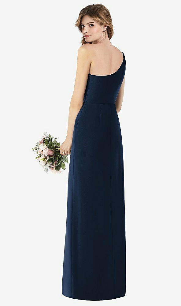 Back View - Midnight Navy One-Shoulder Crepe Trumpet Gown with Front Slit