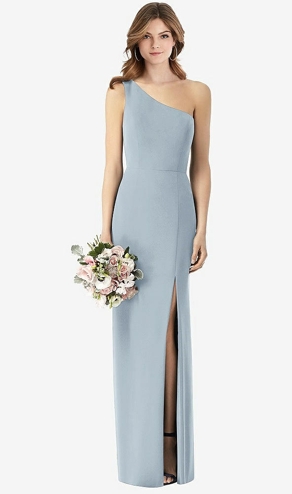Front View - Mist One-Shoulder Crepe Trumpet Gown with Front Slit