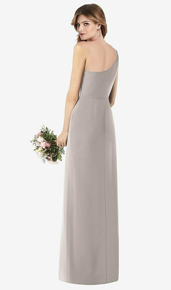 Back View - Taupe One-Shoulder Crepe Trumpet Gown with Front Slit