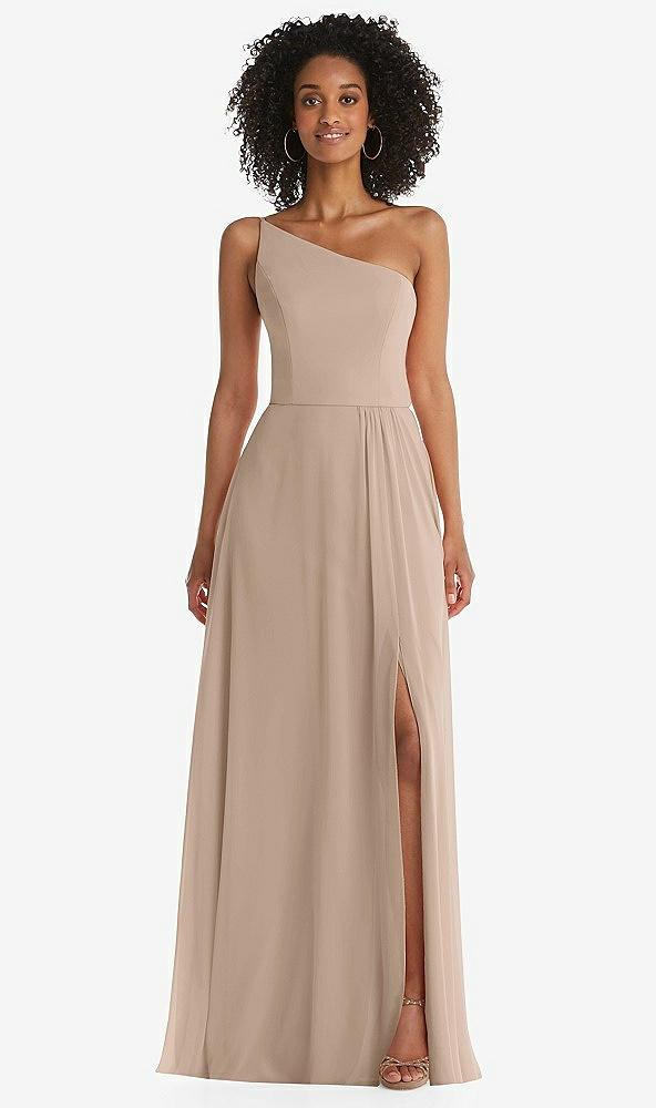 Front View - Topaz One-Shoulder Chiffon Maxi Dress with Shirred Front Slit