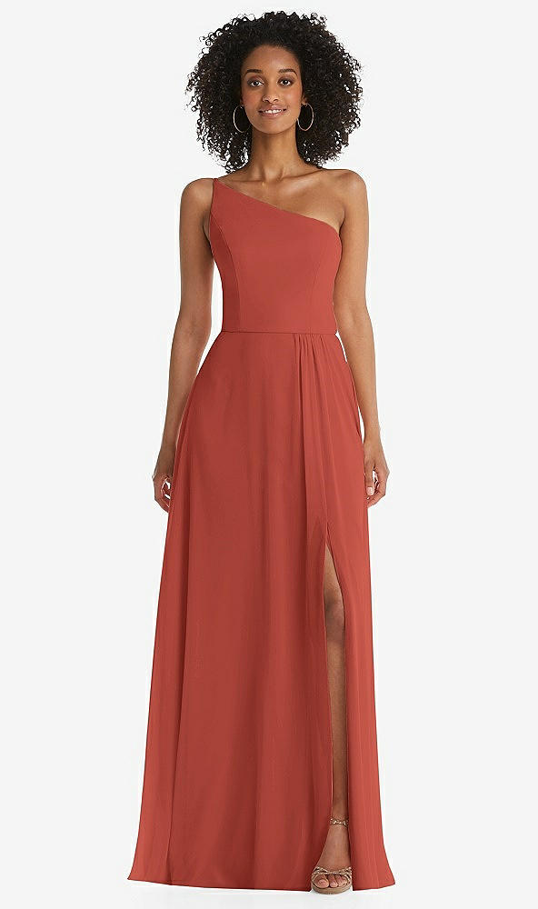 Front View - Amber Sunset One-Shoulder Chiffon Maxi Dress with Shirred Front Slit