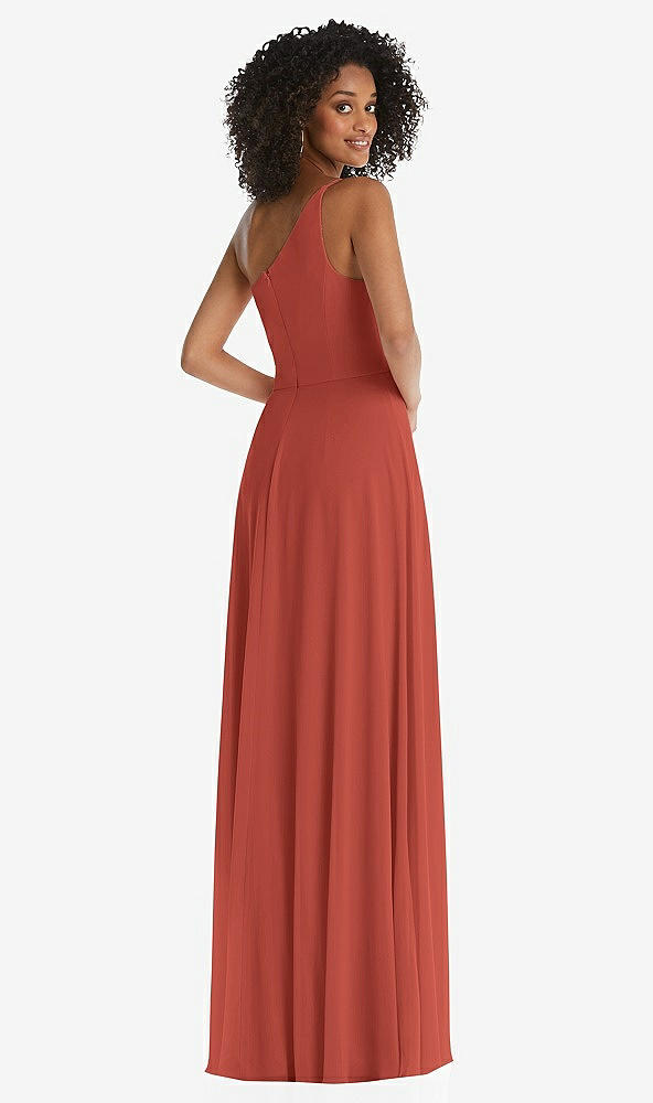 Back View - Amber Sunset One-Shoulder Chiffon Maxi Dress with Shirred Front Slit