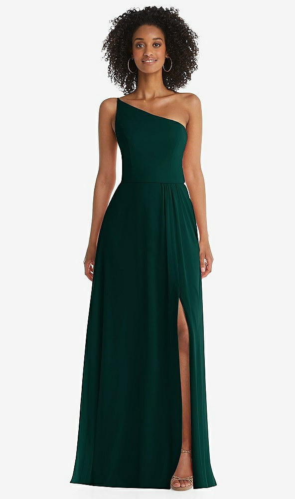 Front View - Evergreen One-Shoulder Chiffon Maxi Dress with Shirred Front Slit