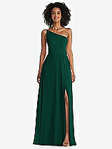 Front View Thumbnail - Hunter Green One-Shoulder Chiffon Maxi Dress with Shirred Front Slit