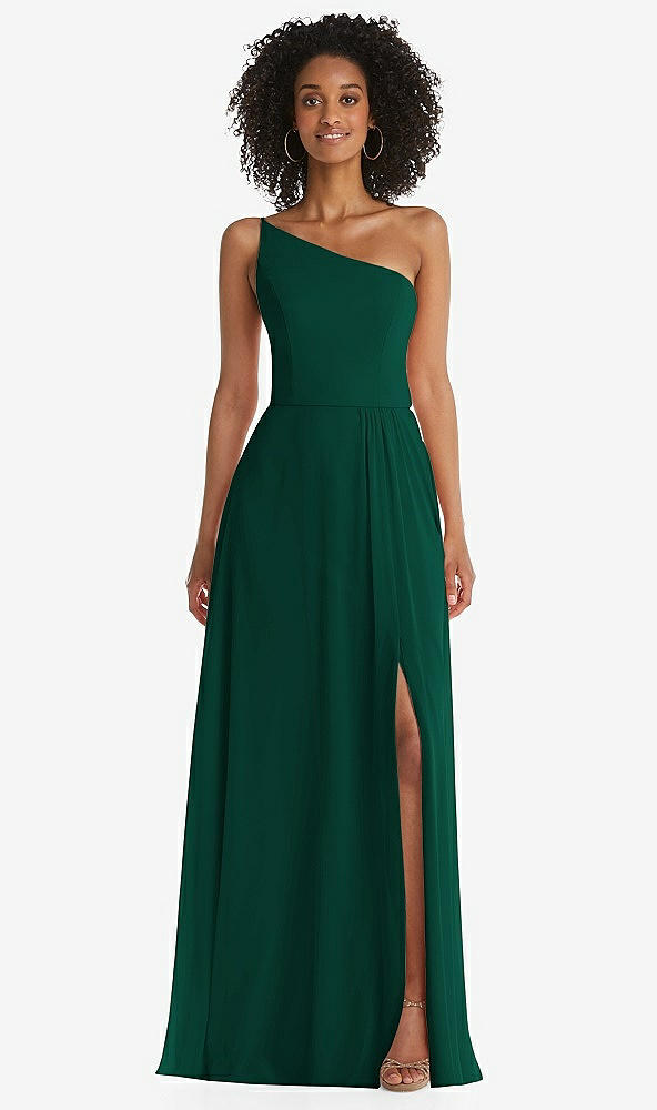 Front View - Hunter Green One-Shoulder Chiffon Maxi Dress with Shirred Front Slit
