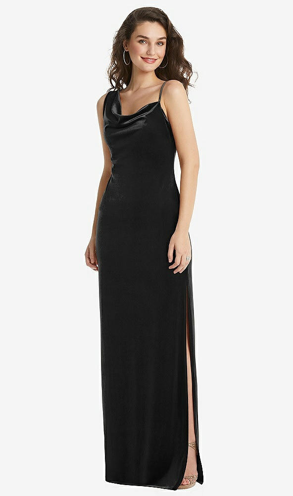 Front View - Black Asymmetrical One-Shoulder Velvet Maxi Slip Dress