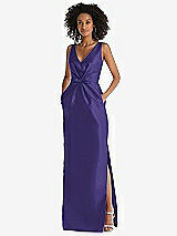 Front View Thumbnail - Grape Pleated Bodice Satin Maxi Pencil Dress with Bow Detail