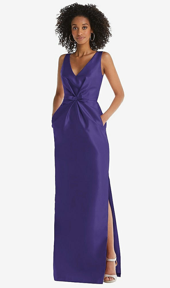 Front View - Grape Pleated Bodice Satin Maxi Pencil Dress with Bow Detail