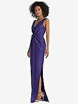 Side View Thumbnail - Grape Pleated Bodice Satin Maxi Pencil Dress with Bow Detail