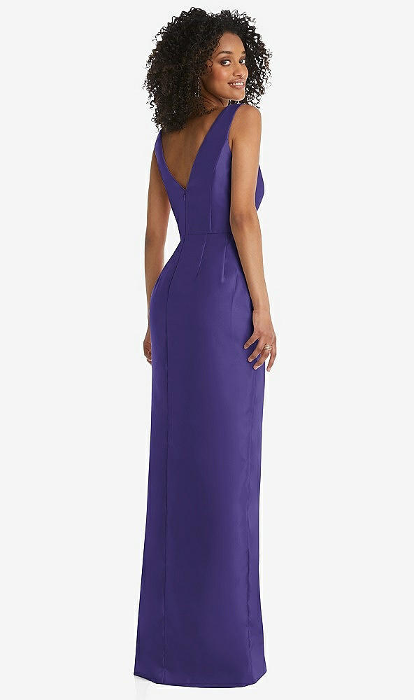 Back View - Grape Pleated Bodice Satin Maxi Pencil Dress with Bow Detail