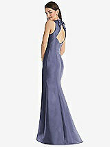 Rear View Thumbnail - French Blue Jewel Neck Bowed Open-Back Trumpet Dress with Front Slit