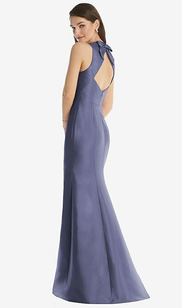 Back View - French Blue Jewel Neck Bowed Open-Back Trumpet Dress with Front Slit