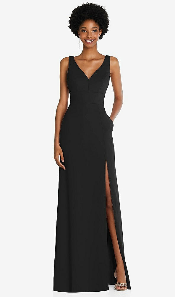 Front View - Black Square Low-Back A-Line Dress with Front Slit and Pockets