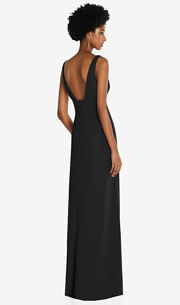 Back View - Black Square Low-Back A-Line Dress with Front Slit and Pockets