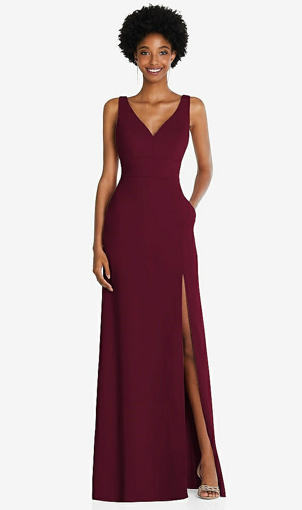 Front View - Cabernet Square Low-Back A-Line Dress with Front Slit and Pockets