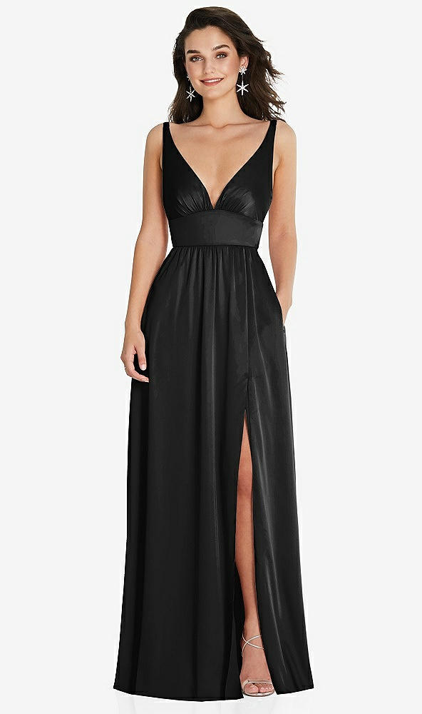 Front View - Black Deep V-Neck Shirred Skirt Maxi Dress with Convertible Straps