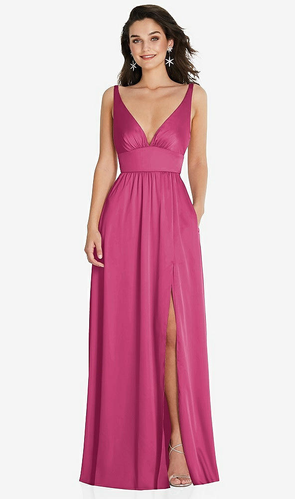 Front View - Tea Rose Deep V-Neck Shirred Skirt Maxi Dress with Convertible Straps