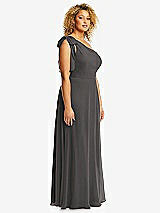 Side View Thumbnail - Caviar Gray Draped One-Shoulder Maxi Dress with Scarf Bow