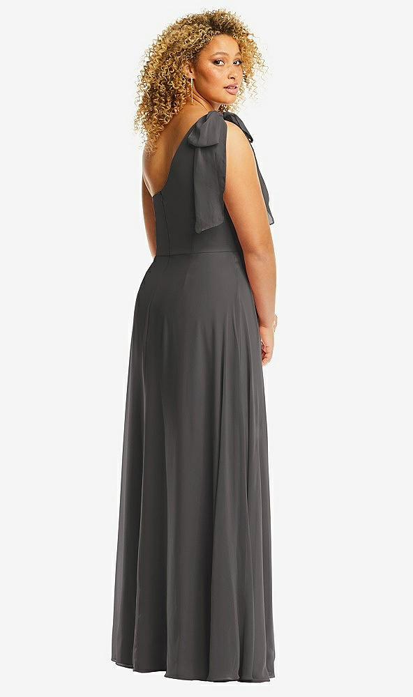 Back View - Caviar Gray Draped One-Shoulder Maxi Dress with Scarf Bow