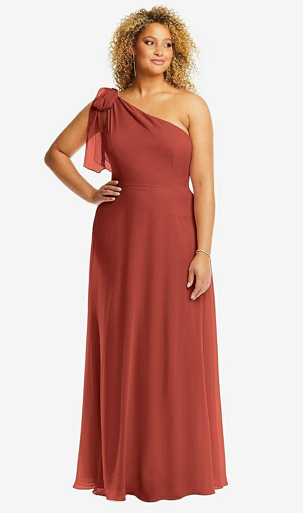 Front View - Amber Sunset Draped One-Shoulder Maxi Dress with Scarf Bow