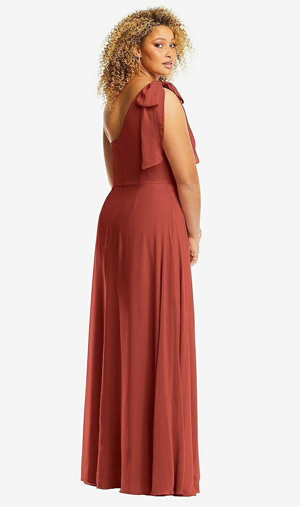 Back View - Amber Sunset Draped One-Shoulder Maxi Dress with Scarf Bow