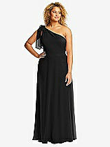 Front View Thumbnail - Black Draped One-Shoulder Maxi Dress with Scarf Bow
