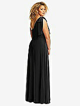 Rear View Thumbnail - Black Draped One-Shoulder Maxi Dress with Scarf Bow