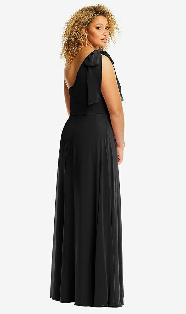 Back View - Black Draped One-Shoulder Maxi Dress with Scarf Bow