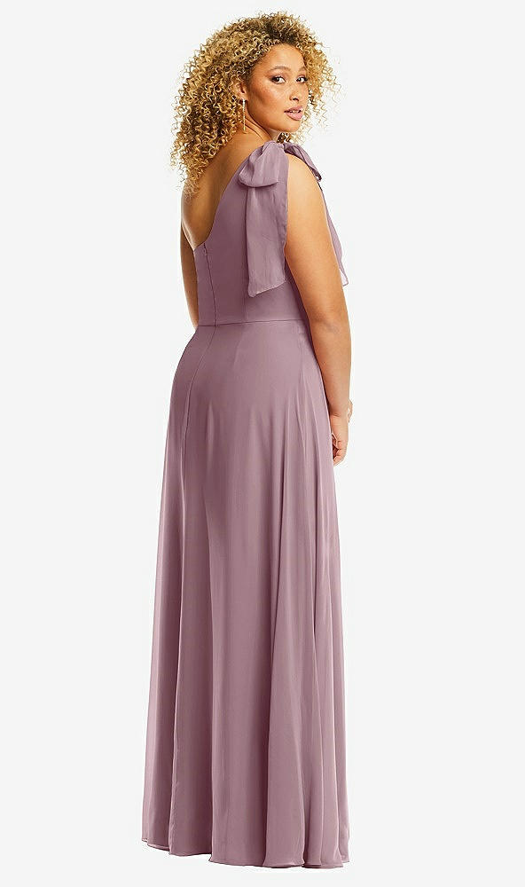 Back View - Dusty Rose Draped One-Shoulder Maxi Dress with Scarf Bow