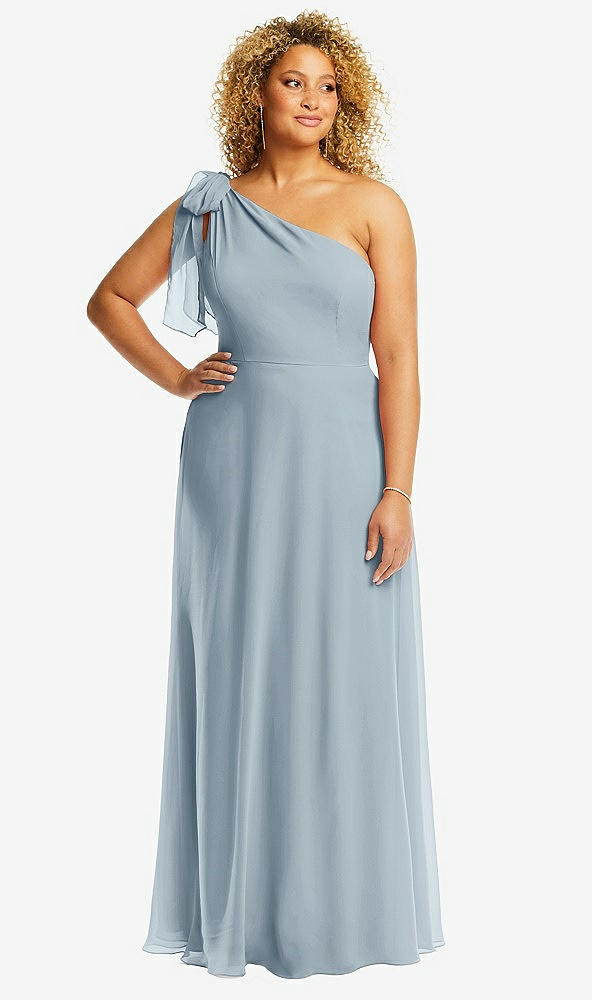 Front View - Mist Draped One-Shoulder Maxi Dress with Scarf Bow