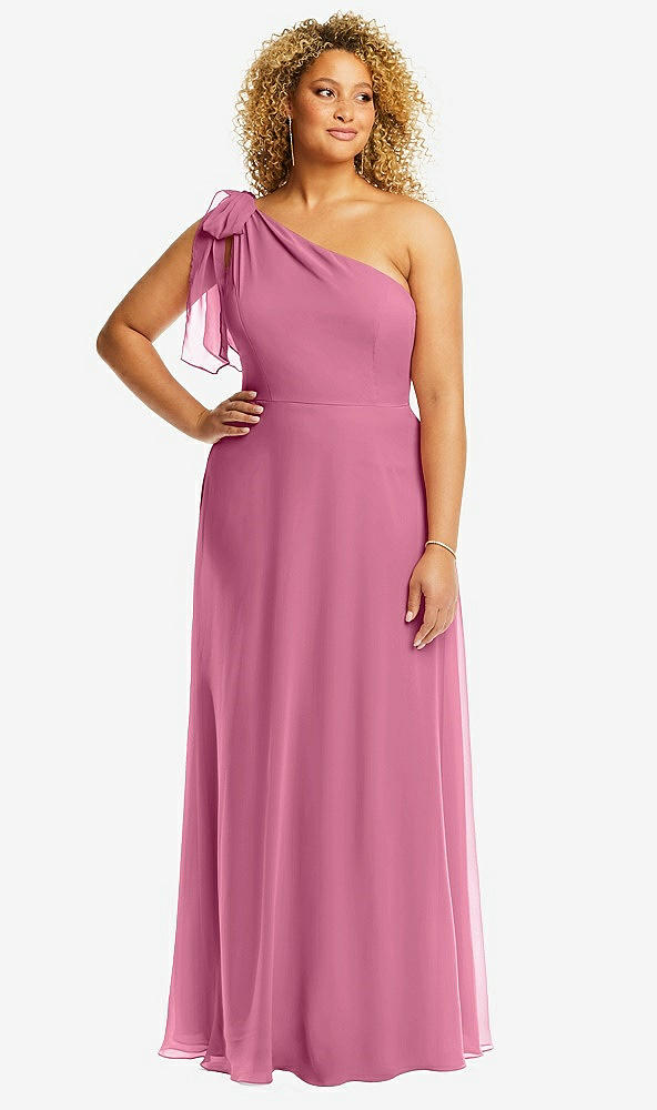 Front View - Orchid Pink Draped One-Shoulder Maxi Dress with Scarf Bow